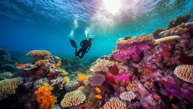 Hermoso arrecife de coral tropical con coloridos corales blandos Scuba diver en la variación de fondo 5