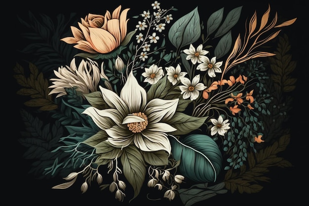 Hermoso arreglo floral contra un fondo oscuro, una tarjeta floral con un aspecto antiguo y arenoso