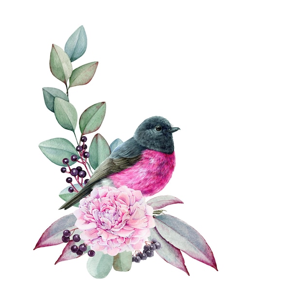 Foto hermoso arreglo floral de eucalipto de pájaro petirrojo rosa ilustración acuarela