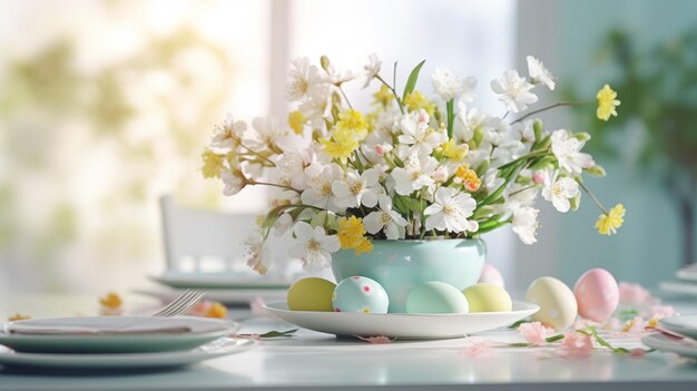 Hermoso arreglo floral de Pascua con huevos coloridos en jarrón azul y plato