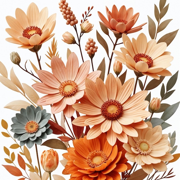 Un hermoso arreglo floral en tonos de naranja, melocotón y marrón