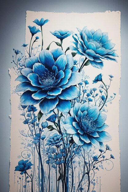 Un hermoso arreglo de flores azules serenas y desaliñadas hacen un guiño sonrojarse con tinta dibujando luz romántica
