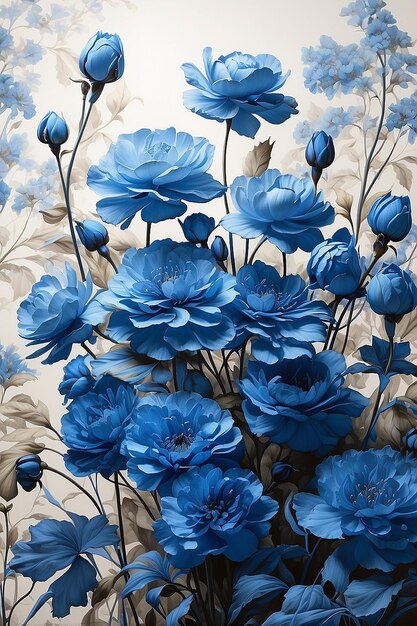 Foto un hermoso arreglo de flores azules serenas y desaliñadas hacen un guiño sonrojarse con tinta dibujando luz romántica