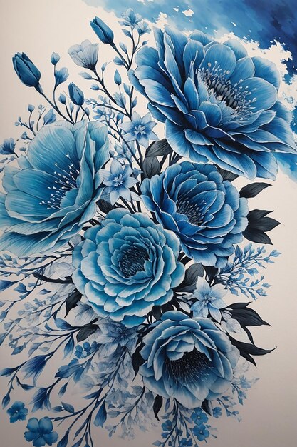 Un hermoso arreglo de flores azules serenas y desaliñadas hacen un guiño sonrojarse con tinta dibujando luz romántica