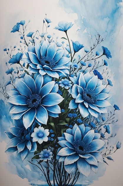 Un hermoso arreglo de flores azules serenas y desaliñadas hacen un guiño sonrojarse con tinta dibujando luz romántica