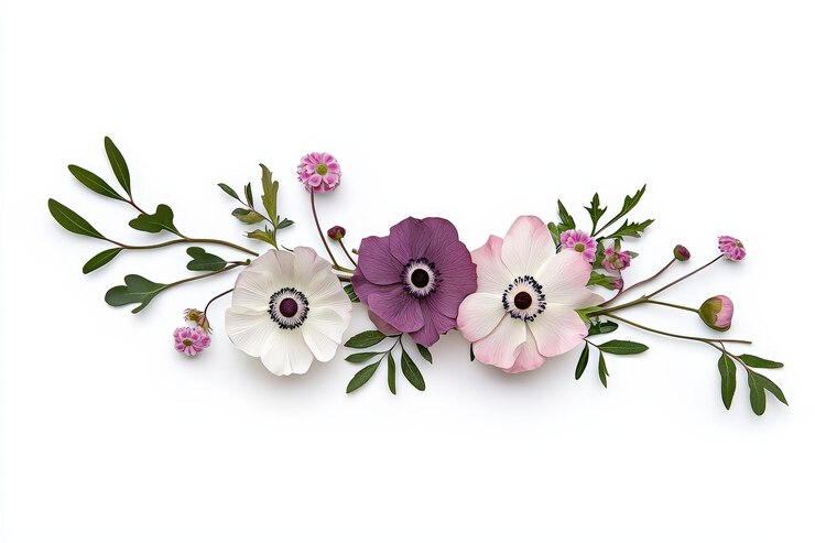 Un hermoso arreglo de flores coloridas con hojas delicadas perfectas para diseños florales o proyectos con temas naturales