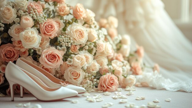 Un hermoso arreglo de rosas con anillos de bodas rodeado de decoración floral fresca de bodas