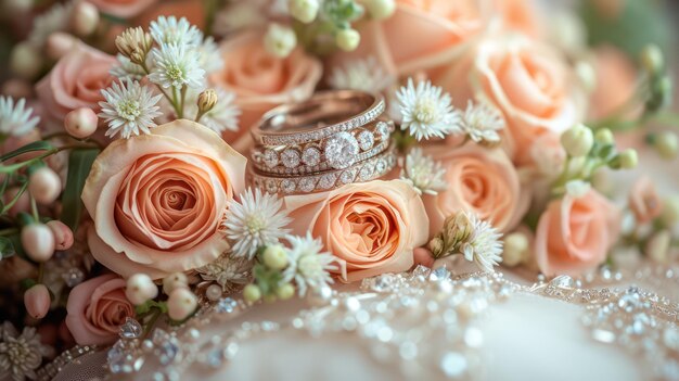 Un hermoso arreglo de rosas con anillos de bodas rodeado de decoración floral fresca de bodas