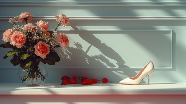 Un hermoso arreglo de rosas con zapatos rodeado de la boda frescas decoraciones florales