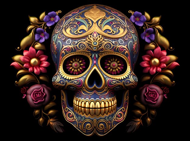 Hermoso arte de Catrina Sugar Skull Mask con patrón de flores Cabeza de esqueleto mexicano del Día de Muertos