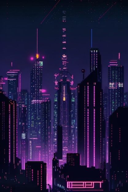 Hermoso arte de píxeles de ciudad nocturna de neón de 8 bits