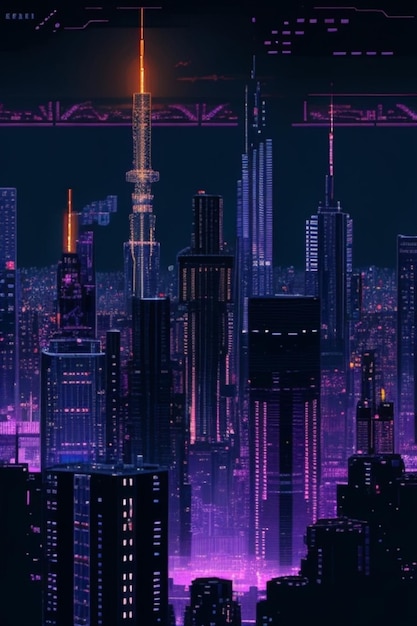 Hermoso arte de píxeles de ciudad nocturna de neón de 8 bits