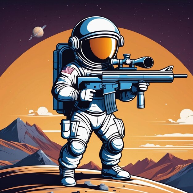 Un hermoso astronauta guerrero militar con una pistola de francotirador