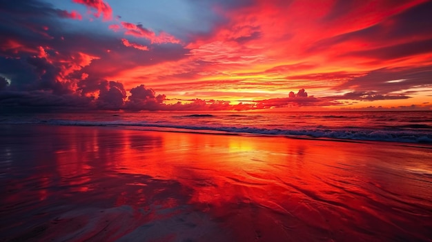 hermoso atardecer rojo en la playa