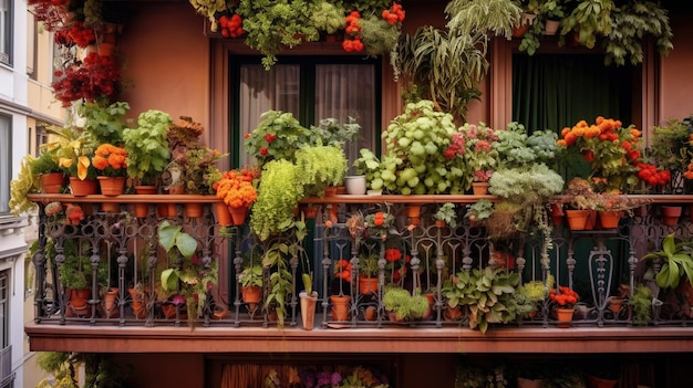 Hermoso balcón con IA generativa rodeado por un jardín de estilo tropical con flores florecientes