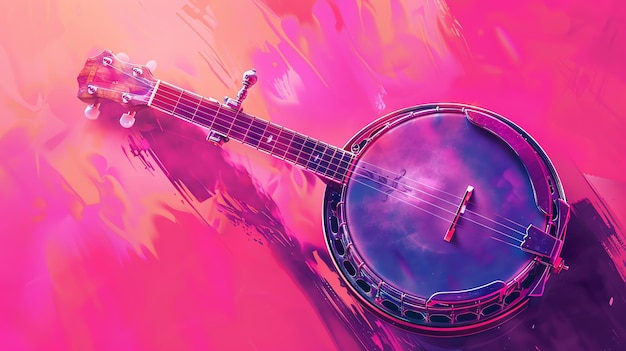 Un hermoso banjo con un fondo rosa El banjo es un instrumento de cuerdas que a menudo se utiliza en la música bluegrass y popular