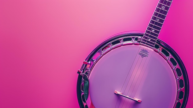 Un hermoso banjo con un fondo rosado El banjo es un instrumento de cuerdas que a menudo se utiliza en la música folk y country bluegrass