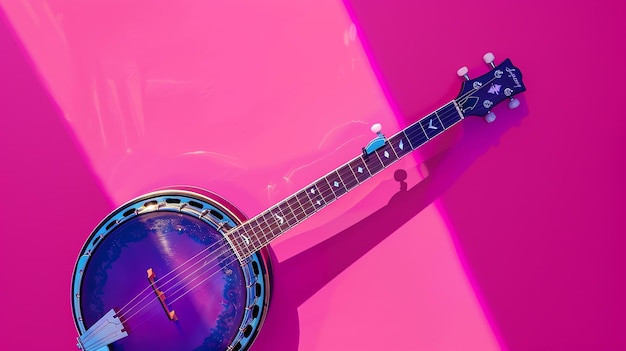 Un hermoso banjo con un fondo rosado El banjo es un instrumento de cuerdas que a menudo se utiliza en la música folk y country bluegrass