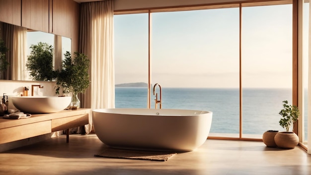 Hermoso baño en un interior acogedor con gran ventana con vista al mar atmósfera acogedora luz del sol