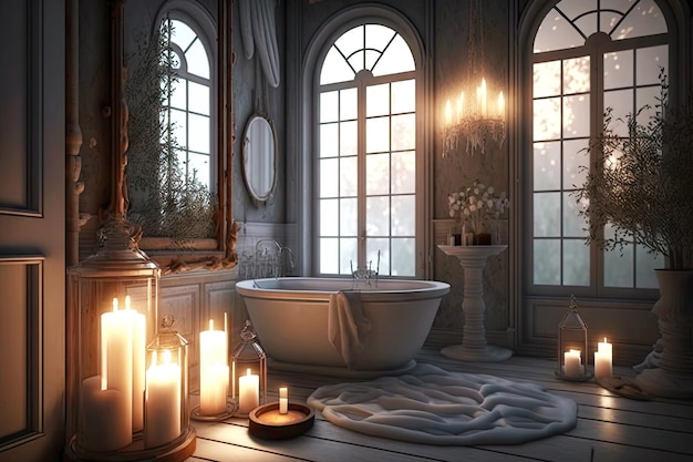 Hermoso baño romántico con velas en las paredes junto a la ventana creado con ai generativo