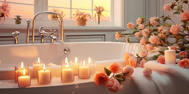 un hermoso baño tiene velas al estilo de composiciones fotorrealistas