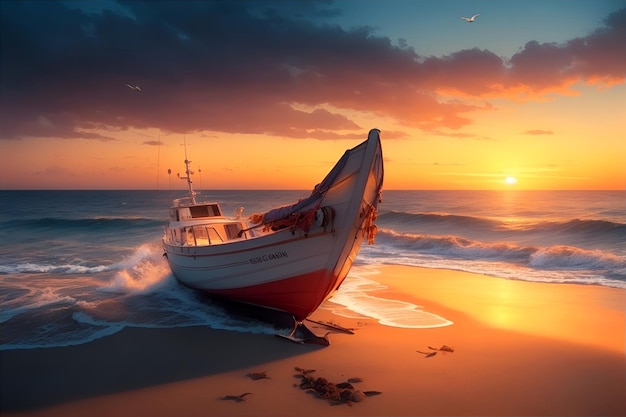 Hermoso barco en un mar en las aves de la puesta del sol de la tarde
