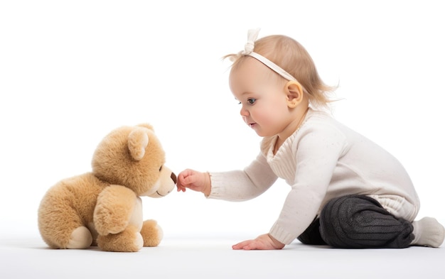 Hermoso bebé alcanzando un muñeco de peluche aislado sobre fondo blanco.