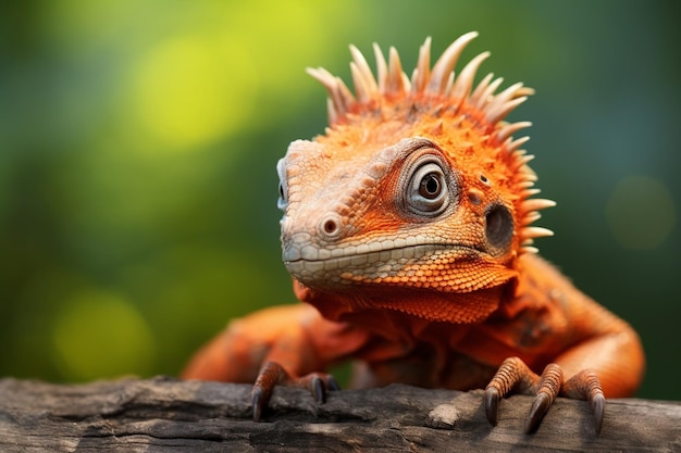 Hermoso bebé iguana roja de primer plano cabeza en el animal de madera de primer plano