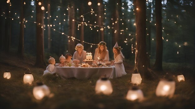 Hermoso belén con familia en el bosque por la noche