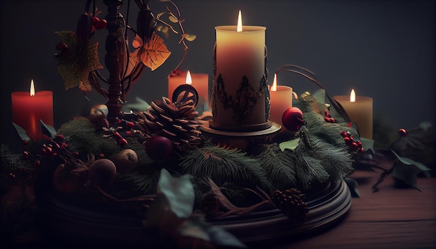 Hermoso bodegón navideño con velas y corona sobre fondo oscuro generativo ai