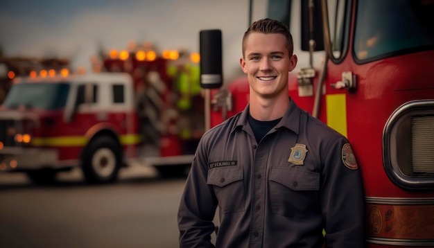 Un hermoso bombero sonriente al lado de un fondo borroso de la estación de bomberos