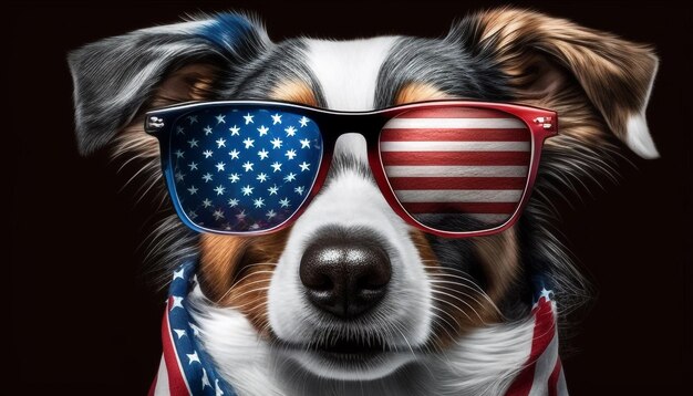 Hermoso border collie frente a una bandera de Estados Unidos con gafas de sol