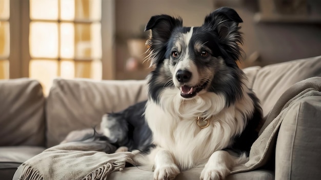 El hermoso border collie en el sofá.