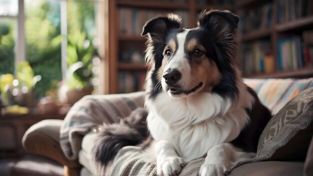 El hermoso border collie en el sofá.