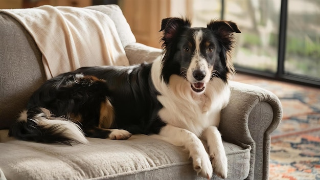 El hermoso border collie en el sofá.