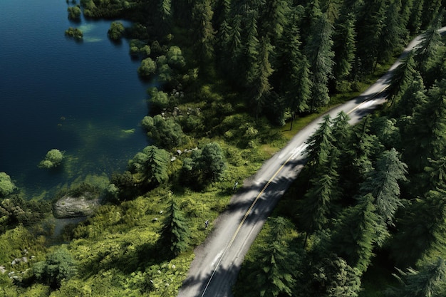 Hermoso bosque desde arriba del lago de la carretera y pinos generativos ai
