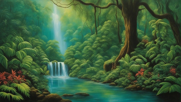 Un hermoso bosque encantado de cuento de hadas con grandes árboles y caída de agua vegetación pintura digital