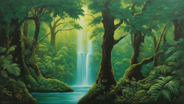 Un hermoso bosque encantado de cuento de hadas con grandes árboles y caída de agua vegetación pintura digital