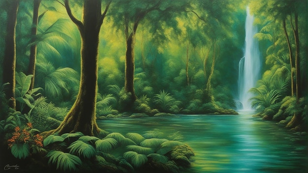 Un hermoso bosque encantado de cuento de hadas con grandes árboles y caída de agua vegetación pintura digital