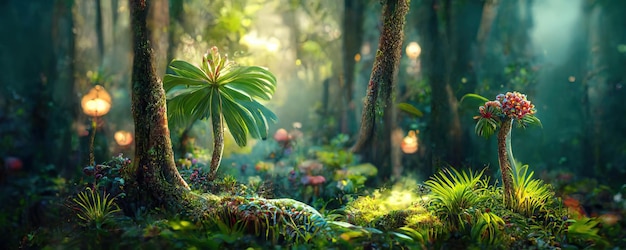 Un hermoso bosque encantado de cuento de hadas con grandes árboles y gran vegetación Fondo de pintura digital