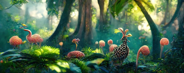 Un hermoso bosque encantado de cuento de hadas con grandes árboles y gran vegetación Fondo de pintura digital