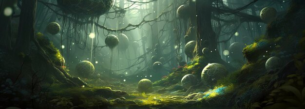 Un hermoso bosque encantado de cuento de hadas con grandes árboles y gran vegetación pintura digital de fondo generar ai