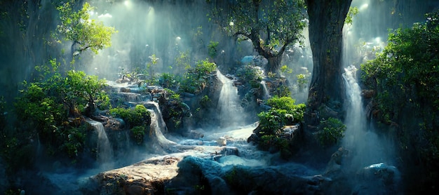 Un hermoso bosque encantado con una gran cascada de árboles de cuento de hadas y una gran vegetación Ilustración de fondo de pintura digital