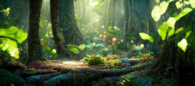 Un hermoso bosque encantado con grandes árboles de cuento de hadas y una gran vegetación Ilustración de fondo de pintura digital