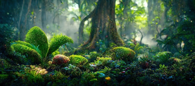 Un hermoso bosque encantado con grandes árboles de cuento de hadas y una gran vegetación Ilustración de fondo de pintura digital