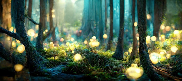 Un hermoso bosque encantado con grandes árboles de cuento de hadas y una gran vegetación Ilustración de fondo de pintura digital