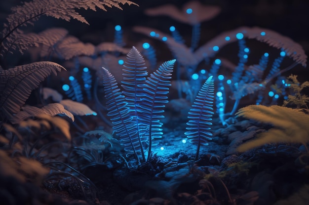 Hermoso bosque encantado iluminado por la noche por bioluminiscencia árboles ríos plantas Pintura digital