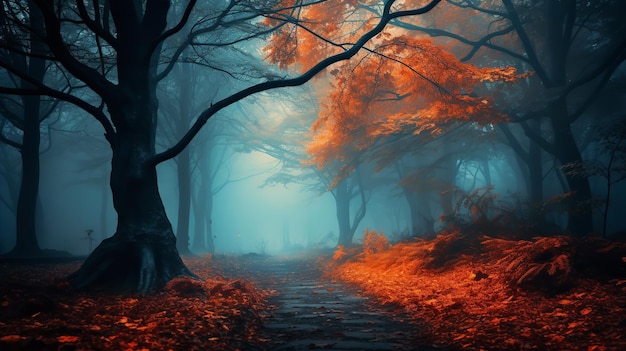 Un hermoso bosque de ensueño en la niebla azul de otoño un entorno vibrante con árboles mágicos follaje naranja paisaje IA generativa