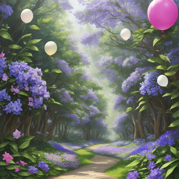 Foto un hermoso bosque con flores y globos de diferentes colores