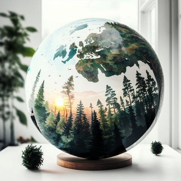 Hermoso bosque en un globo en una mesa al lado de una ventana Representación 3d de bola de cristal que preserva la vida